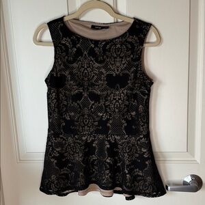 Witchy Lacey look, Black and Beige Patterned Tank Top with Peplum Sz M